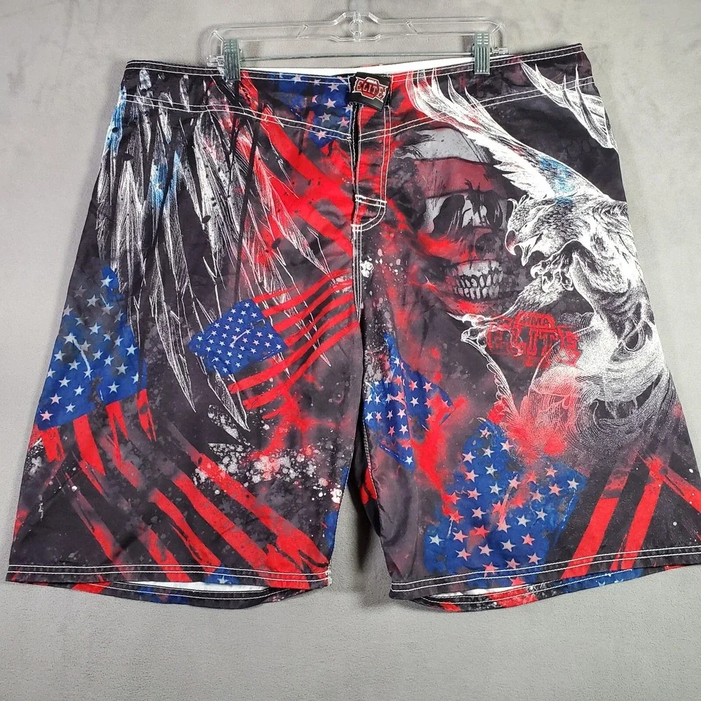 MMA Elite Board Shorts Mens XL Red Black USA Flag Skull‎ Graphic Patriotic Beach